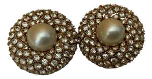1970s Ciner Earrings Designer Costume Jewelry Rhinestone Faux Pearl Gold Tone Jewelry, A Pair