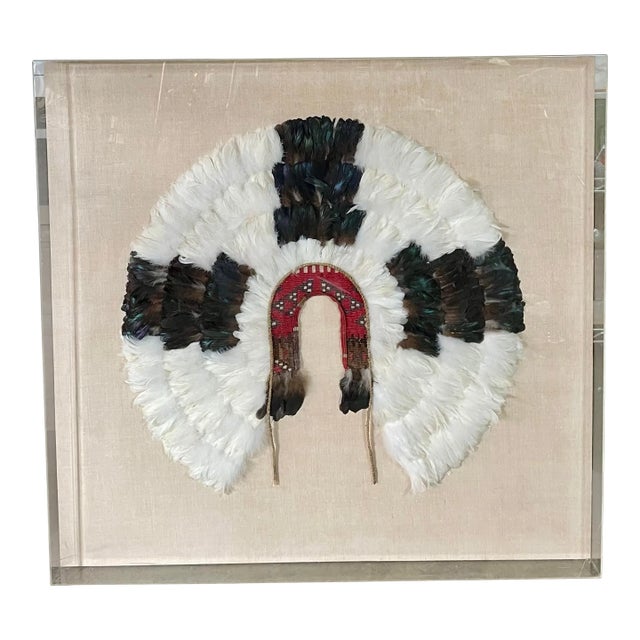 Vintage Native American Headdress Woven Wool With Feathers. Framed in Lucite Shadowbox. For Sale