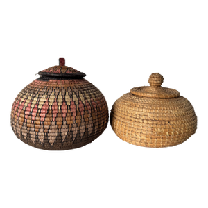 Pair of Vintage Handwoven South African Basket Vases With Lids