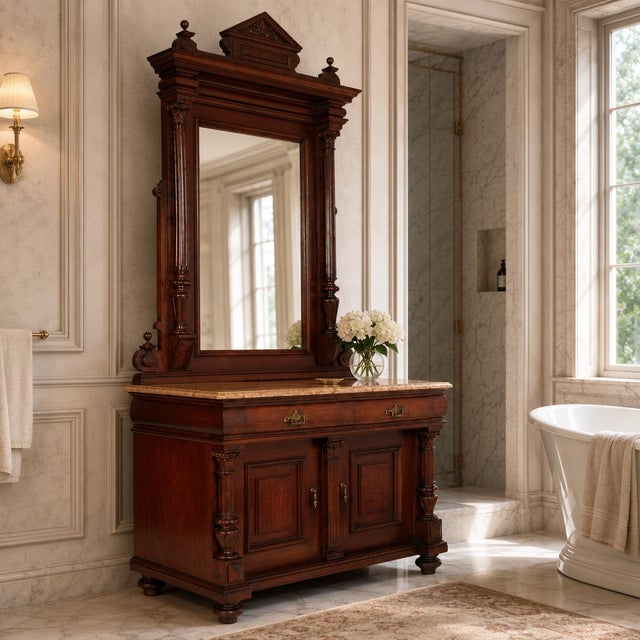 Italian Carved Walnut Dressing Cabinet with Mirror and Marble Top, 19th Century, Set of 2 For Sale - Image 10 of 15
