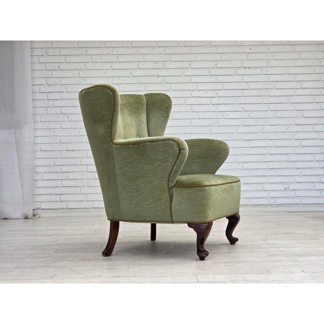 Scandinavian Armchair in Green Furniture Velour and Oak Wood Legs, 1960s For Sale - Image 18 of 18