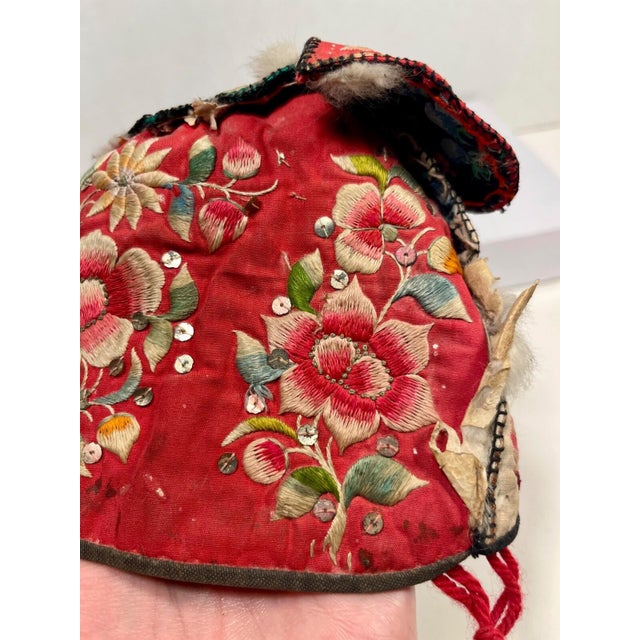 Red Antique Chinese Silk & Cotton Embroidered Child’s Miao Hat, Baby Cap For Sale - Image 8 of 12
