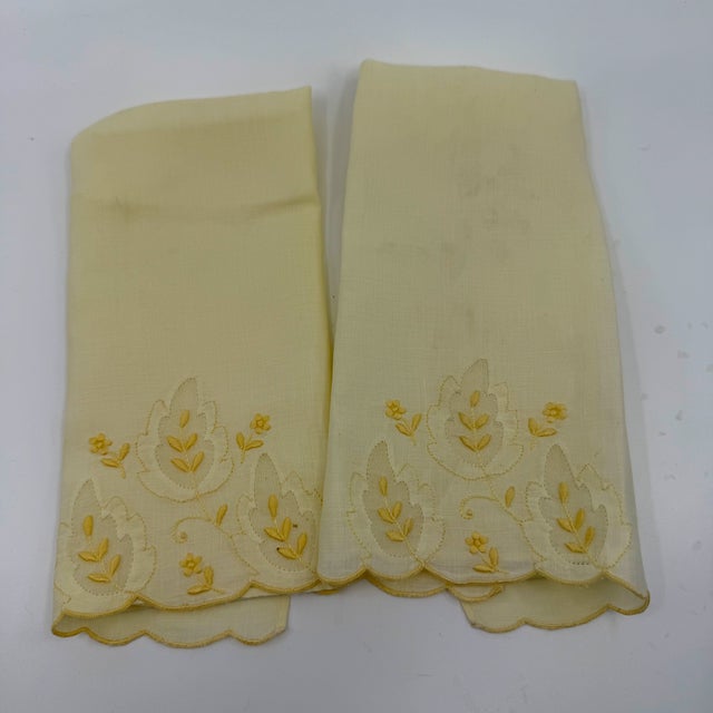 Pair Vintage Embroidered Pale Yellow Madeira Linen & Organza Fingertip Towels For Sale In Los Angeles - Image 6 of 15