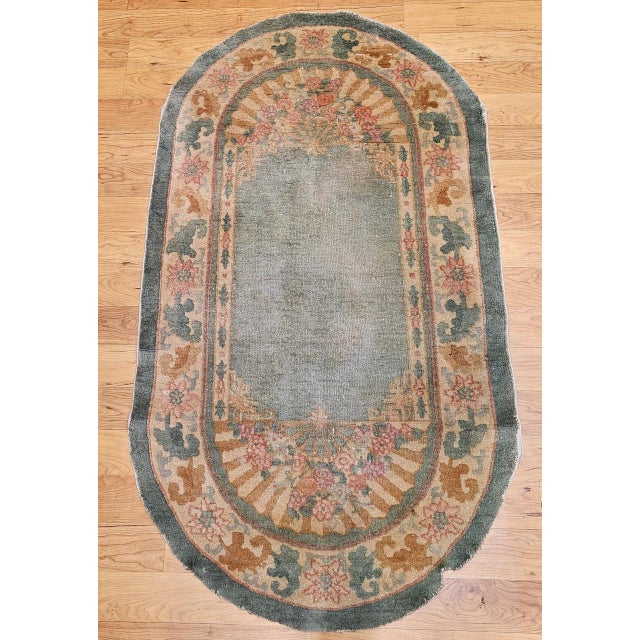 Antique Art Deco Chinese Area Rug, Wool on Cotton, Floral Design, Oval 3' x 5' For Sale - Image 9 of 9