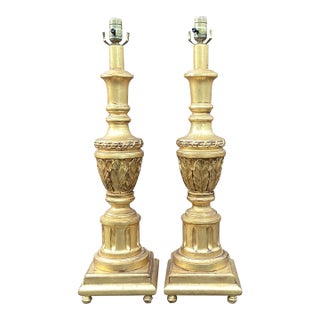 Vintage Pair of Tall Gilt Hollywood Regency Style Carved Table Lamps For Sale