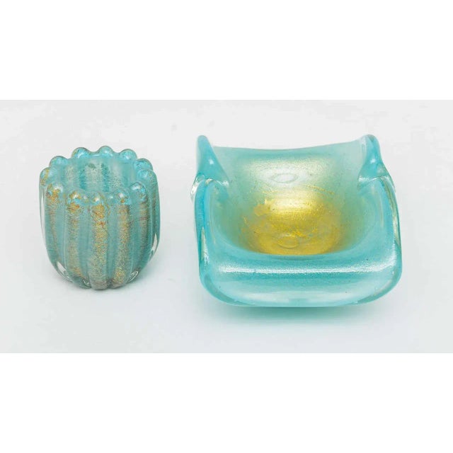 Azure and gold filled Murano ashtray with matching cigarette placement. Cigarette holder dimensions: 2.25"Diameter &...
