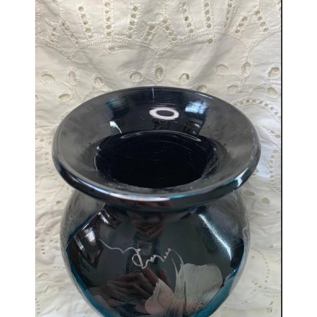 American Vintage Fenton Glass Urn Shaped Vase Black With Painted Flower Decor Signed For Sale - Image 3 of 6