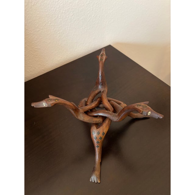 Boho Chic Hand‑Carved Hardwood Interlocking Serpent Tripod Stand For Sale - Image 3 of 6