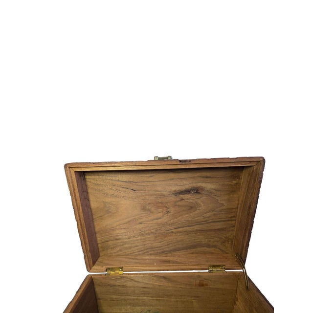 Vintage Asian Hand-Carved Camphor Wood Jewelry Box With Village Scene & Brass Hardware For Sale - Image 12 of 18