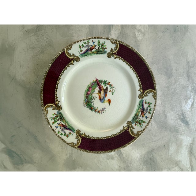 Burgundy 1940s Myott Chelsea Bird Dinner Plates 9 7/8” Burgundy Transferware England - Set of Eight (8) For Sale - Image 8 of 12