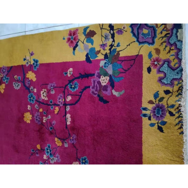 Early 20th Century 1920s Red Raspebery Floral Modern Antique Chinese Art Deco Rug 9'2" X 11'8" Wool Knotted Carpet For Sale - Image 5 of 6