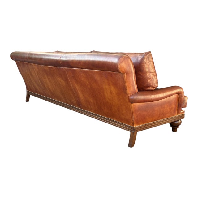 1970s English Traditional Light Brown Leather Sofa With Nail Head Trim & Carved 6-Leg Base For Sale - Image 11 of 16