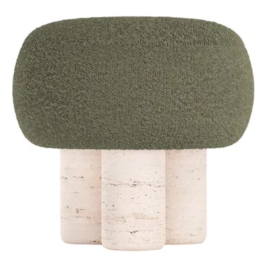 Hygge Stool in Boucle Olive Fabric and Travertino by Saccal Design House for Collector For Sale