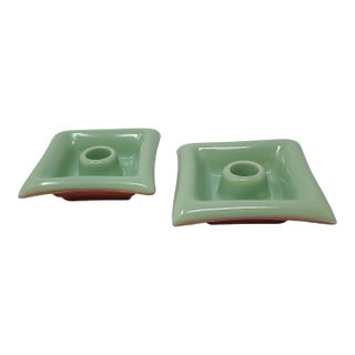 Red Wing Pottery Pair of Square Celadon Green and Terra Cotta Candle Holders Mid Century Modern For Sale