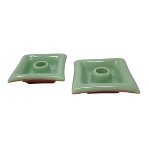 Red Wing Pottery Pair of Square Celadon Green and Terra Cotta Candle Holders Mid Century Modern