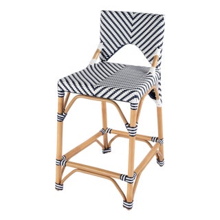Creanly 25.25 in. Seat Height Rattan Counter Stool with Back and Footrest, White/Navy Dot / Natural Rattan Frame For Sale