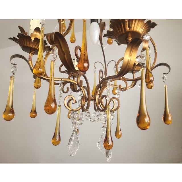 Floral Five-Light Gilded Ceiling Lamp with Crystals and Murano Glass Crystal Drops, 1960s For Sale - Image 17 of 18