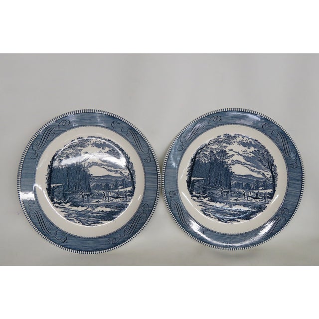 Mid 20th Century Mid 20th Century Mid-Century Modern Currier and Ives Large Blue Chop Plates Getting Ice Pattern - a Pair For Sale - Image 5 of 10