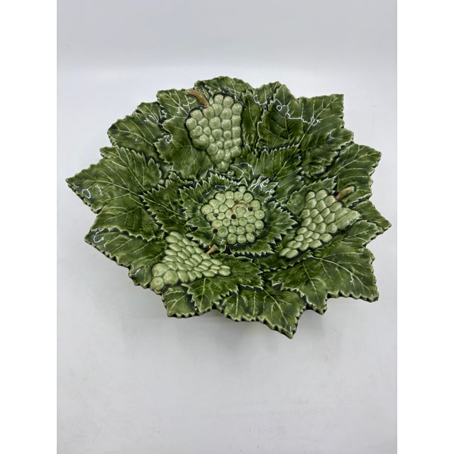 Vintage Caldas Portugal Majolica Art Pottery Green Grapes and Leaves Bowl Hand painted Marked underside