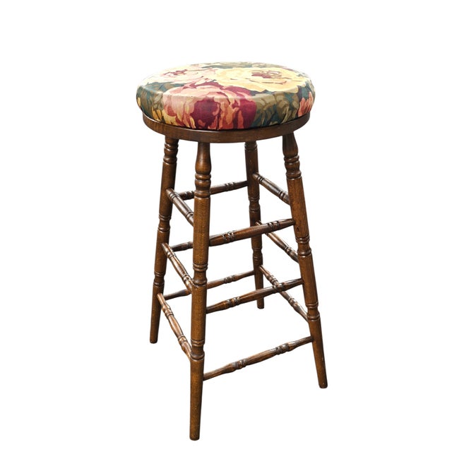 Pair Mid 20th Century Turned Walnut and Upholstered Barstools For Sale In Washington DC - Image 6 of 8