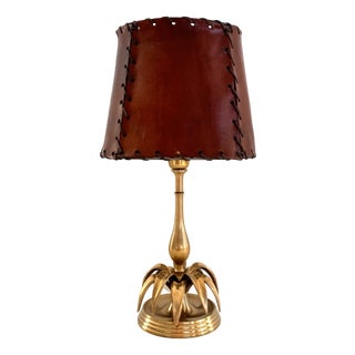 Mid-Century Italian Palm Leaf Table Lamp in Brass with Leather Lampshade, 1970s For Sale