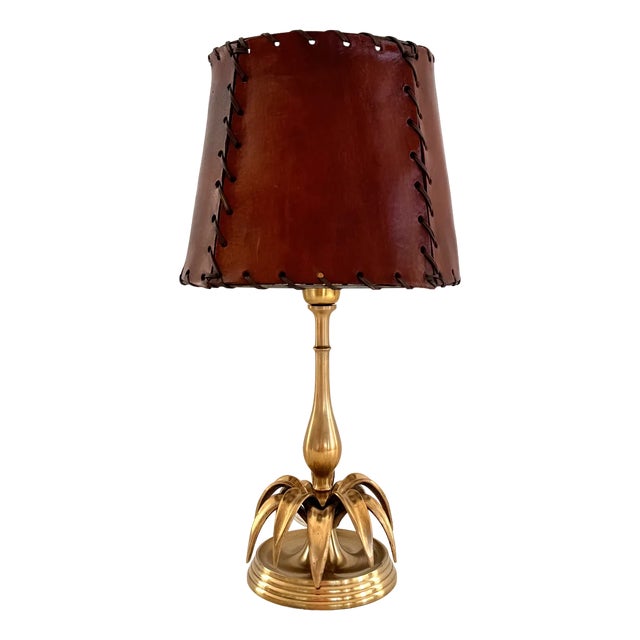 Mid-Century Italian Palm Leaf Table Lamp in Brass with Leather Lampshade, 1970s For Sale