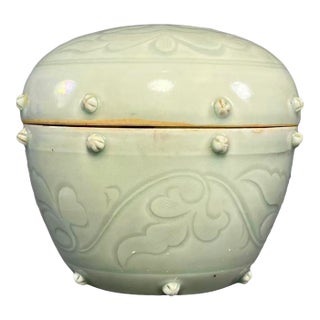Longquan Celadon Lidded Jar With Embossed Floral‑Pattern and Bead‑Shaped Decorations For Sale