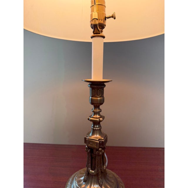 2010s Neoclassical Solid Brass Table Lamp With Ivory Parchment Shade For Sale - Image 5 of 8
