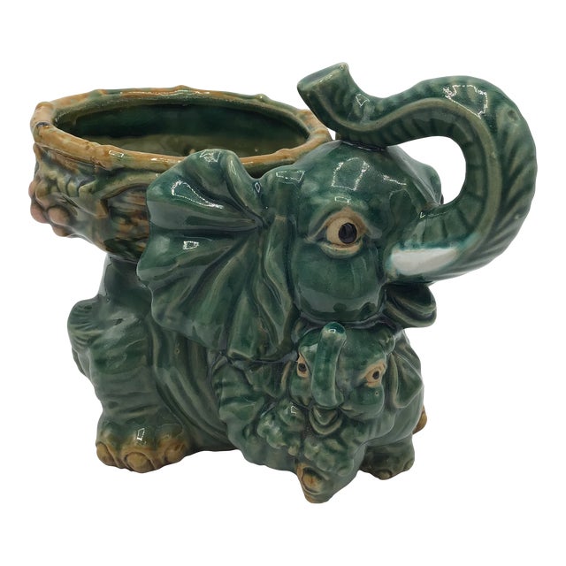 Vintage Majolica Elephant Planter Catchall For Sale