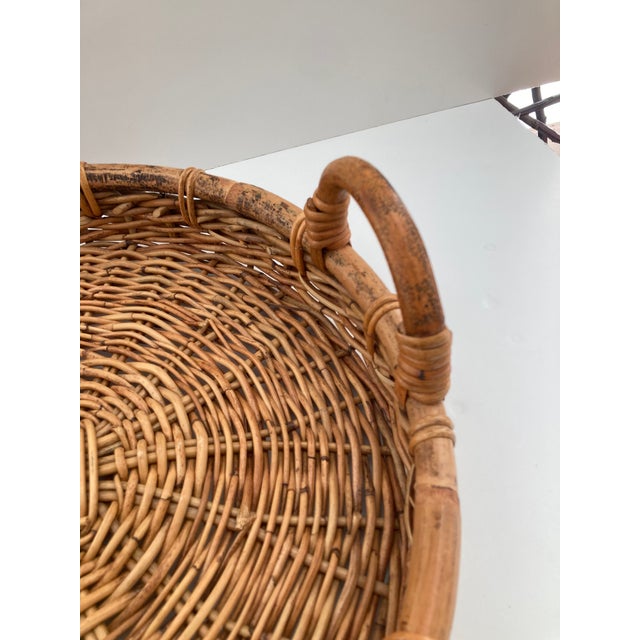Round Wicker Tray With Bamboo Handles For Sale - Image 4 of 9