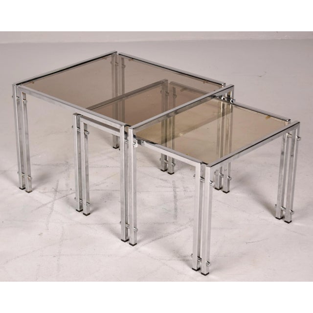 Metal Set of Two Vintage Nesting Tables With Chrome Frames and Pale Smoke Glass Tops For Sale - Image 7 of 12