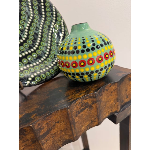 Green Australian Vase with Dots and circles.