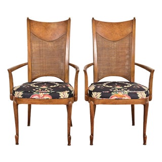 William Doezema for Mastercraft Mid-Century Modern Hollywood Regency Burl Wood and Cane Back Armchairs, Pair For Sale