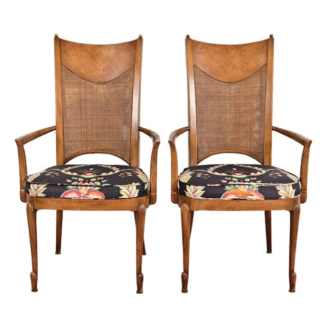 William Doezema for Mastercraft Mid-Century Modern Hollywood Regency Burl Wood and Cane Back Armchairs, Pair For Sale