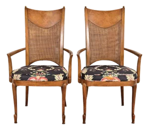William Doezema for Mastercraft Mid-Century Modern Hollywood Regency Burl Wood and Cane Back Armchairs, Pair
