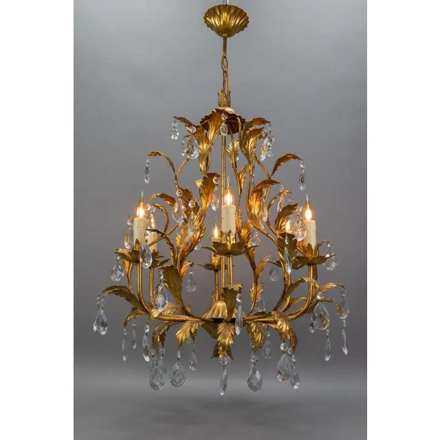 Hollywood Regency Style Gilt Metal and Crystal Glass Six-Light Chandelier, Italy For Sale - Image 18 of 18