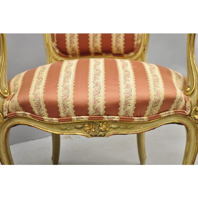 Antique French Louis XV Style Gold Giltwood Pink Stripe Fauteuil Arm Chair, Pair For Sale - Image 13 of 18