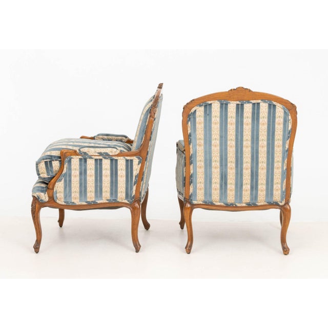 Late 20th Century Louis XV Style Velvet Upholstered Bergeres, Pair For Sale - Image 5 of 5
