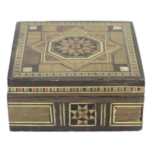 Vintage Wood Marquetry Inlaid Box Small Ring Handmade For Sale