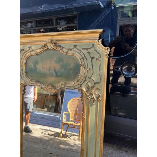 19th Century, French, Louis XVI Painted Green and Gilt Trumeau Mirror For Sale In West Palm - Image 6 of 7