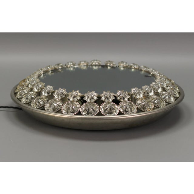 Round Mid-Century Modern Backlit Metal Wall Mirror with Crystal Glass Flowers For Sale - Image 14 of 18