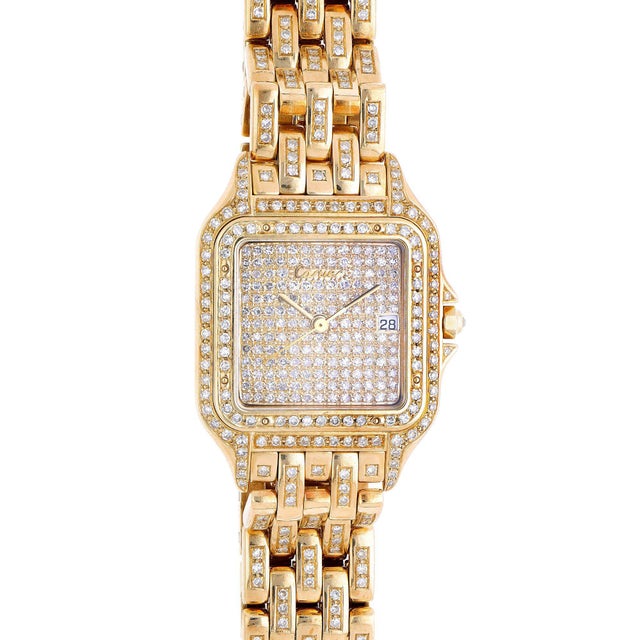 Metal 1980s Cartier Panthere Ref 8839 Jumbo 27mm Full Pave Diamond 18k Yellow Gold Watch For Sale - Image 7 of 11