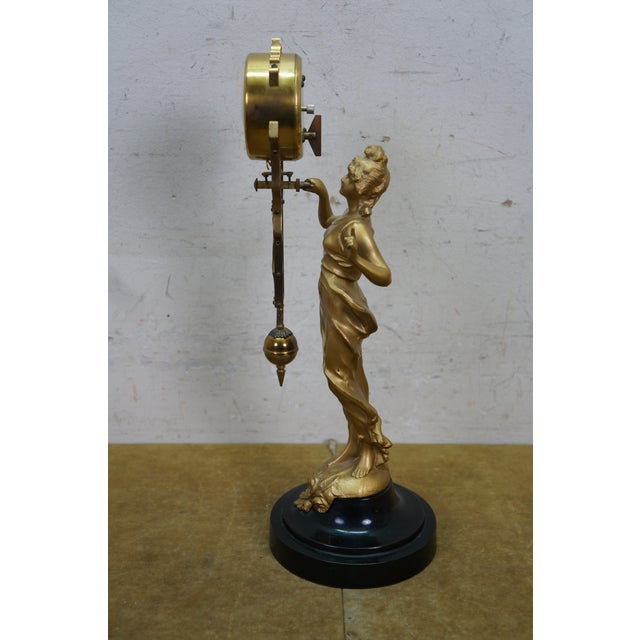 Japanese Linden Art Nouveau Swinging 8 Day Diana Statue Desk Clock 14" For Sale - Image 12 of 18