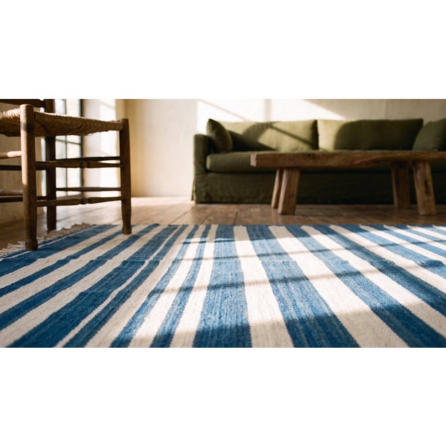 Textile 1930s Blue White Stripe Antique Indian Dhurrie Rug 7'9"x15'8" Flatweave Cotton Carpet For Sale - Image 7 of 9