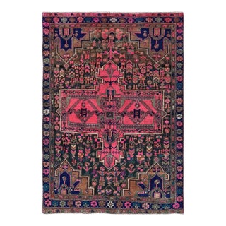 1960 Pink Vintage Persian Hamadan Hand Knotted Rustic Look Evenly Worn Soft Wool Rug For Sale