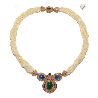 Certified Natural 141.4CTS VS F Diamond Emerald Sapphire Pearl 18K Solid Gold Necklace For Sale