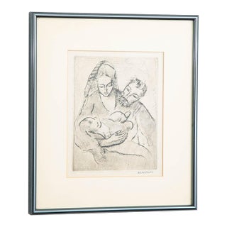 Mid Century Modern Drypoint Etching George Constant Man Woman and Child Signed For Sale