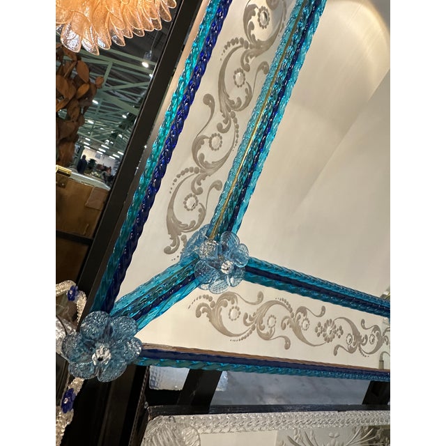 Mid-Century Modern Contemporary Modern Venetian Blue Wall Mirror Hand-Carved in Murano Glass For Sale - Image 3 of 7
