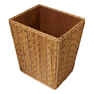 Vintage Scorched Rattan Waste Basket For Sale