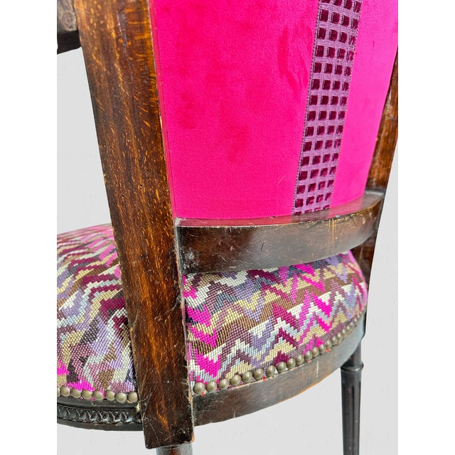 French Mahogany Square Back Chair Pair Pink Velvet Magenta Purple Petit Point For Sale - Image 12 of 17